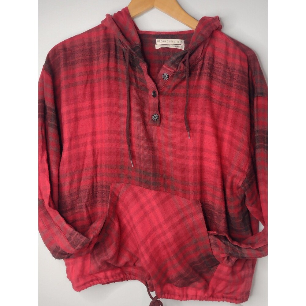 Urban Outfitters Alex Red Plaid Pullover Flannel Hoodie Shirt Top Tunic Size XS